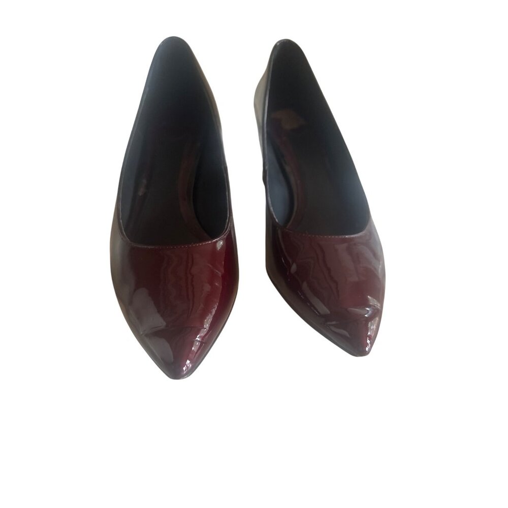 Brian‎ Atwood Burgundy & Black Patent Leather Block Heel Pumps Size 10